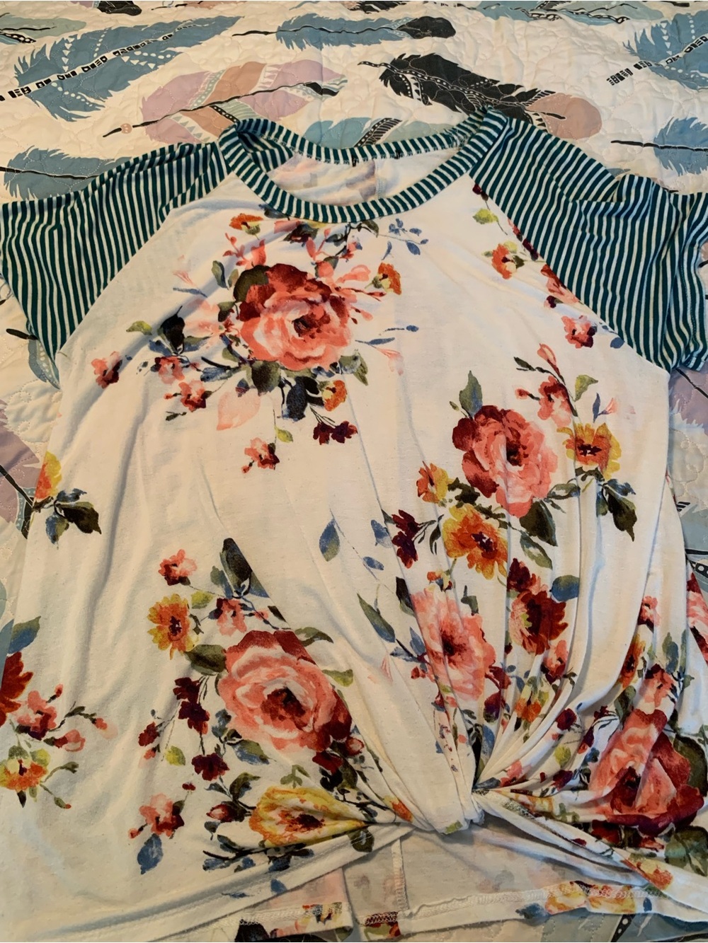 Sweet Claire White Floral Knot-Front Raglan Tee with Green Stripe Sleeves